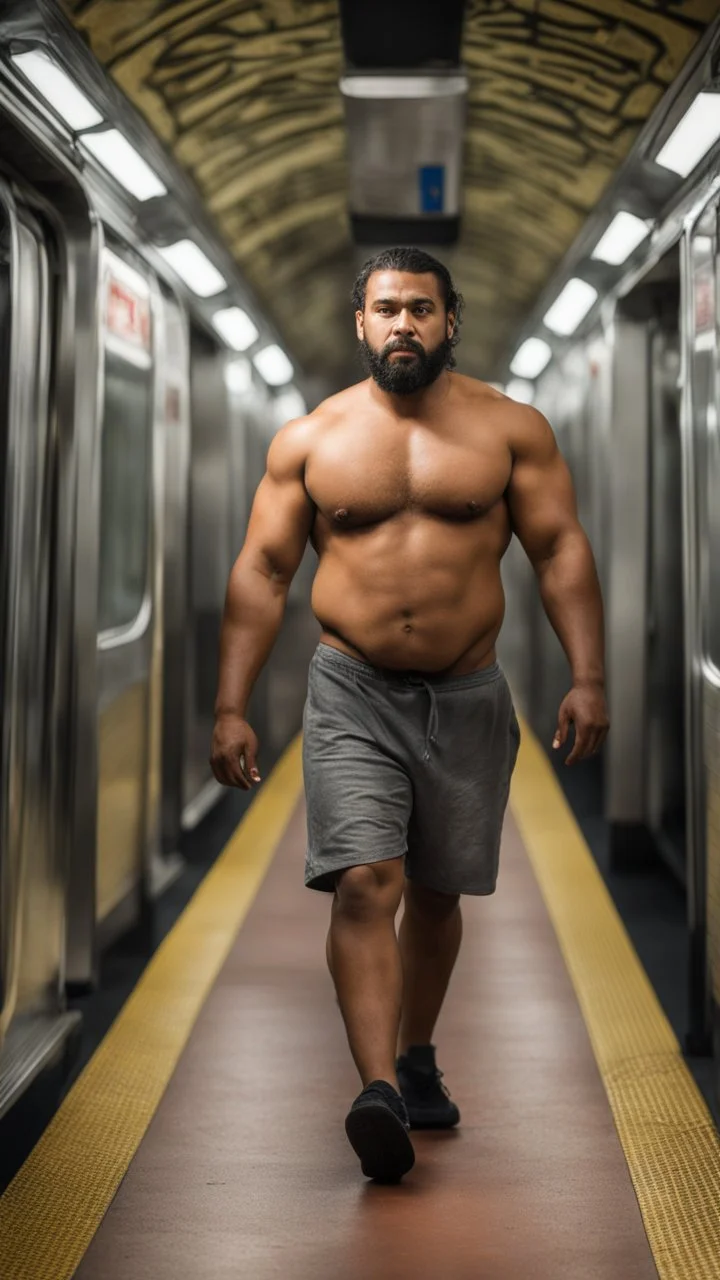 full figure photography of an ugly arab burly muscular strong man 27 years old with long goatee, short hair, sweat, completely wet, big shoulders. manly chest, hairy , ajar mouth, photorealistic ,shirtless, bulging shorts, barefeet, side light, inside a crowded subway station , neon lights