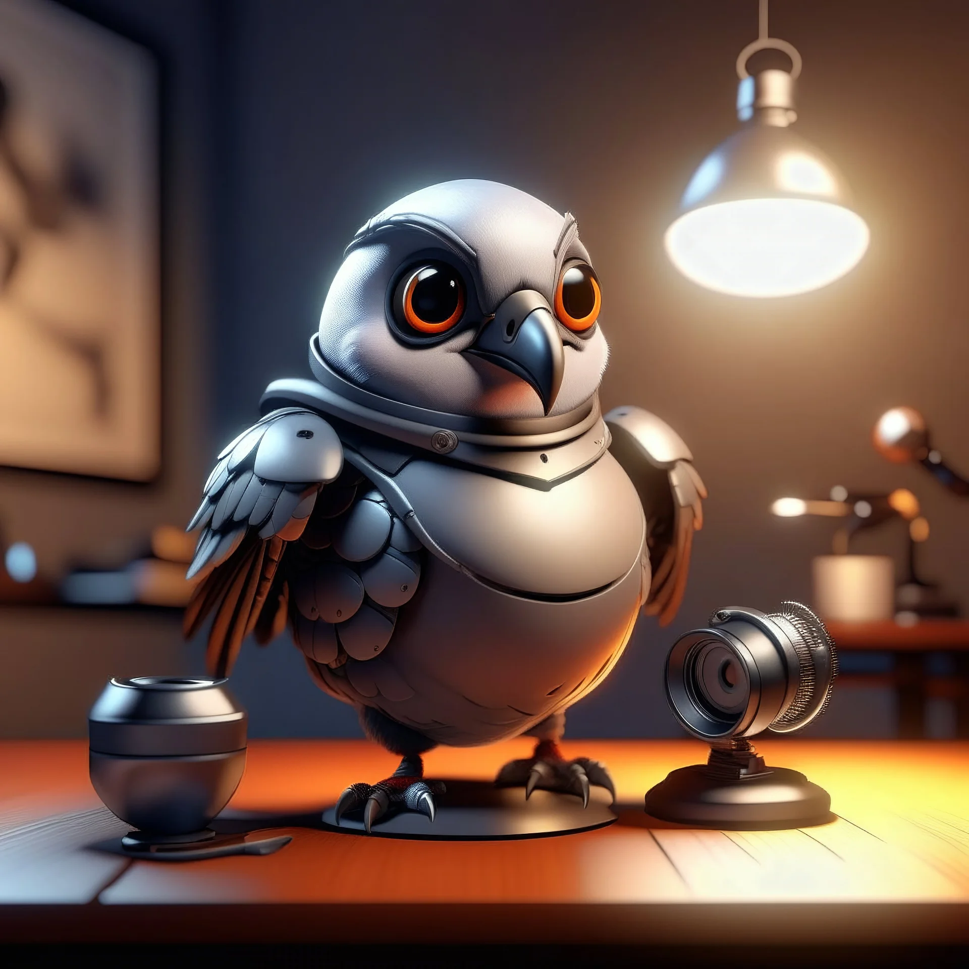 A charming 3D rendered robot pigeon with a round metallic head, a badge in its chest with the initial DP, large expressive googly eyes, and a friendly smile, sitting at a desk with a laptop and pen, bright lighting, retro-futuristic home office setting, hyper-detailed textures, 8k resolution, style of Pixar meets steampunk --v 6.1