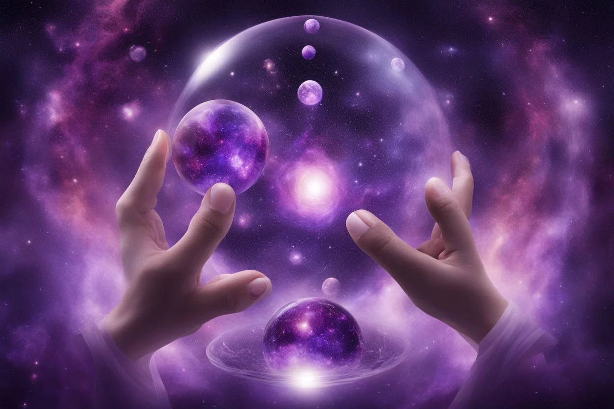 kundalini, connected to the universe, few colours of galaxy, holding galaxies in few hands in glass balls, purple colours