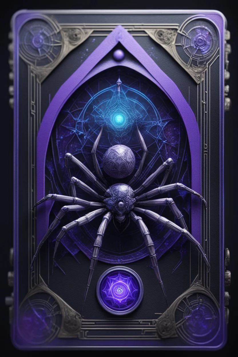 sacred geometry framed playing card, black, blue and purple drum set spider xtal inversion priestess cyber in witch hat shadows boss card in the style of Giger and fallout 4 ,bokeh like f/0.8, tilt-shift lens 8k, high detail, smooth render, down-light, unreal engine