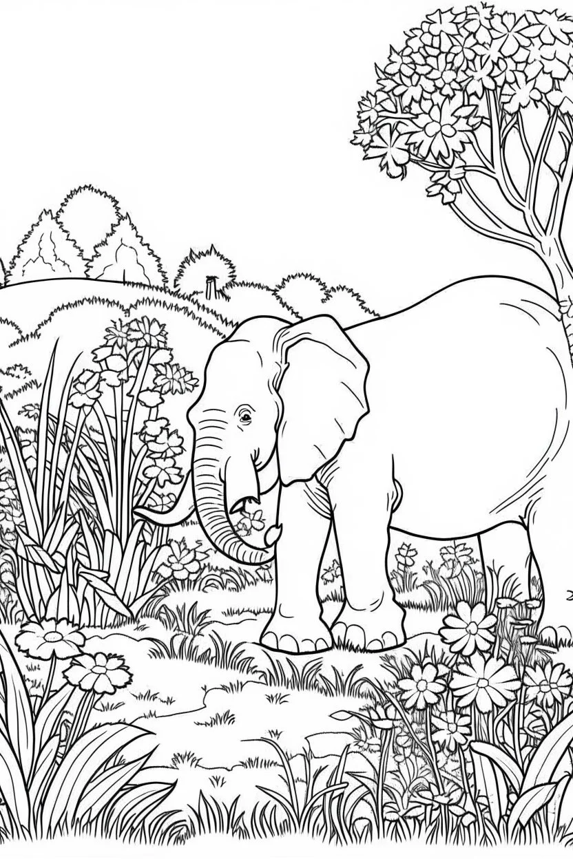 Outline art, elephant in the garden, cartoon style, low detail, --ar 9:11