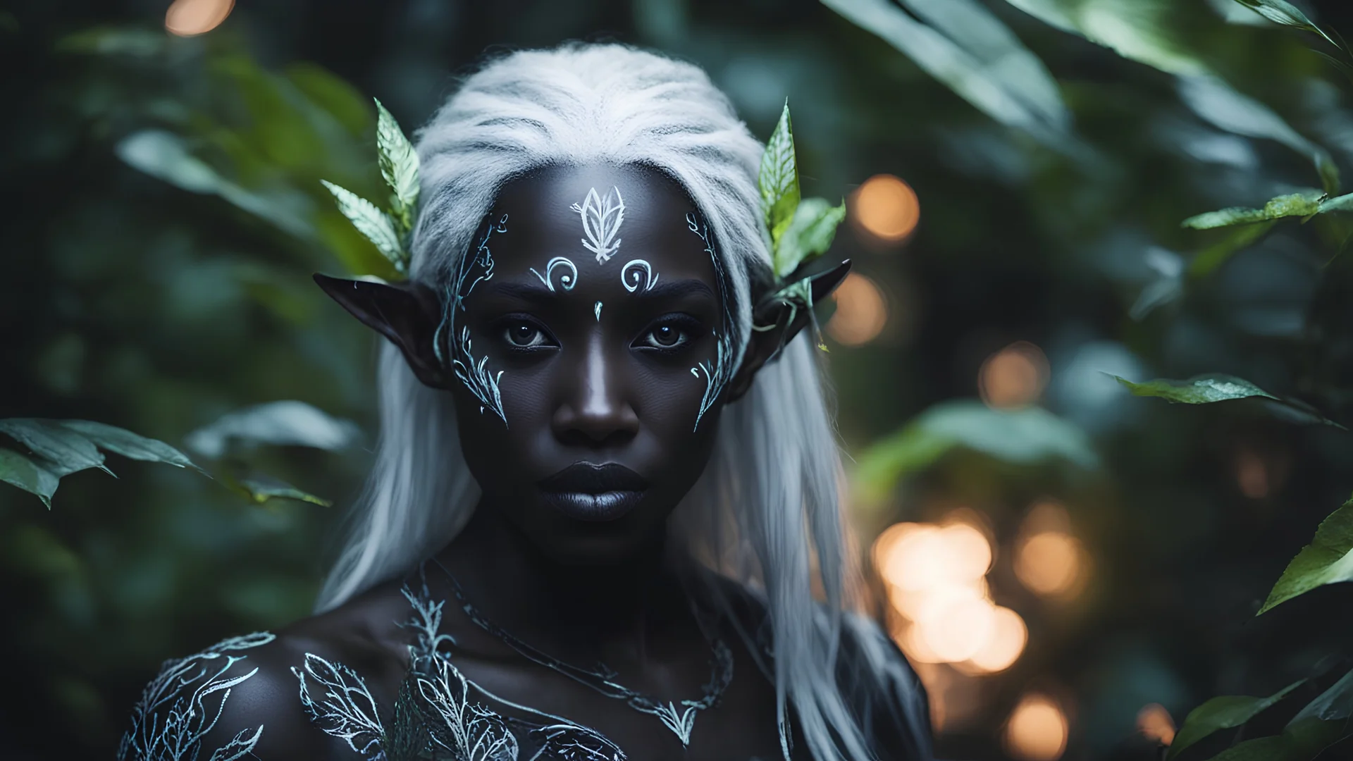 Photoreal magnificent dark drow elf with black skin and white hair behind foliage made from neon lights in extreme darkness by lee jeffries, otherworldy creature in the style of fantasy movies, photorealistic, shot on Hasselblad h6d-400c, zeiss prime lens, bokeh like f/0.8, tilt-shift lens 8k, high detail, smooth render, unreal engine 5, cinema 4d, HDR, dust effect, vivid colors