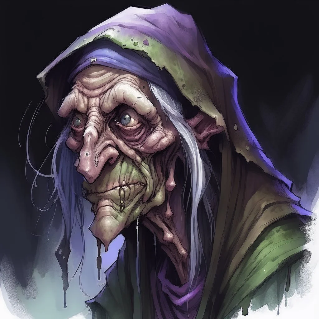 dnd, night hag, illustration, water colour, artstation, portrait, head, old, ugly, big nose, disgusting