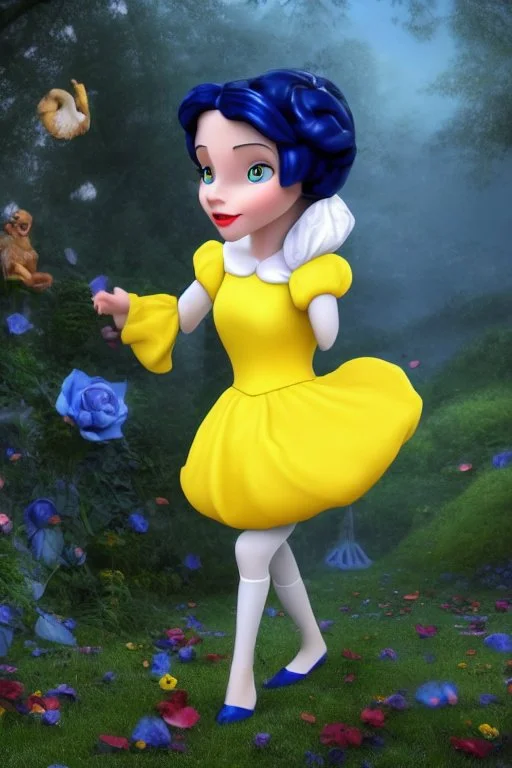 4K Ultra-HD, Hyper realistic, cinematic lighting -- Snow White, short, bowl-cut black hair, blue eyes, Yellow skirt, blue blouse with short poofy sleeves, extremely pail skin, Rose pedals, wild animals, Castle, Full body image -- 4k, stunning, dramatic lighting, dramatic background, cinematic, atmospheric, very detailed, historic, powerful, octane rendering, exquisite detail, 30 - megapixel, 4k, 85 - mm - lens, sharp - focus, intricately - detailed, long exposure time, f8, ISO 100, shutter - s