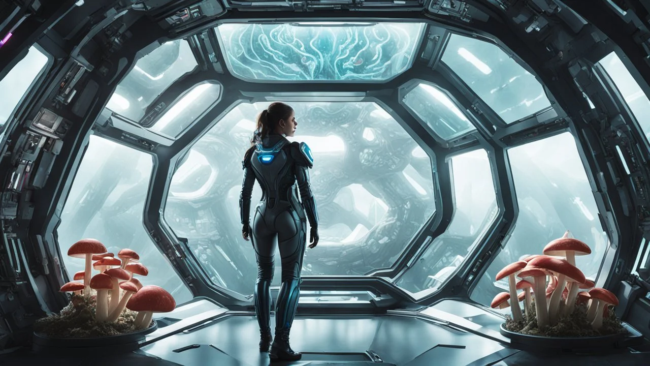 woman wearing an android suit standing inside the interior of an alien spaceship, with a large window, with mushrooms with jellyfish tentacles outside tentacles outside