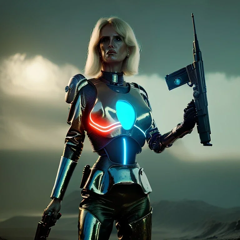 Ultra Realistic retro sci-fi movie war scene, waist up view portrait, blonde woman pointing a gun, sweet young Daryl Hannah face, perfect iris, glow eyes, makeup, weapon. War background, Retro sci-fi style, tight latex coat, fog, rain, soft color, highly detailed, unreal engine 5, ray tracing, RTX, lumen lighting, ultra detail, volumetric lighting, 3d, finely drawn, high definition, high resolution.