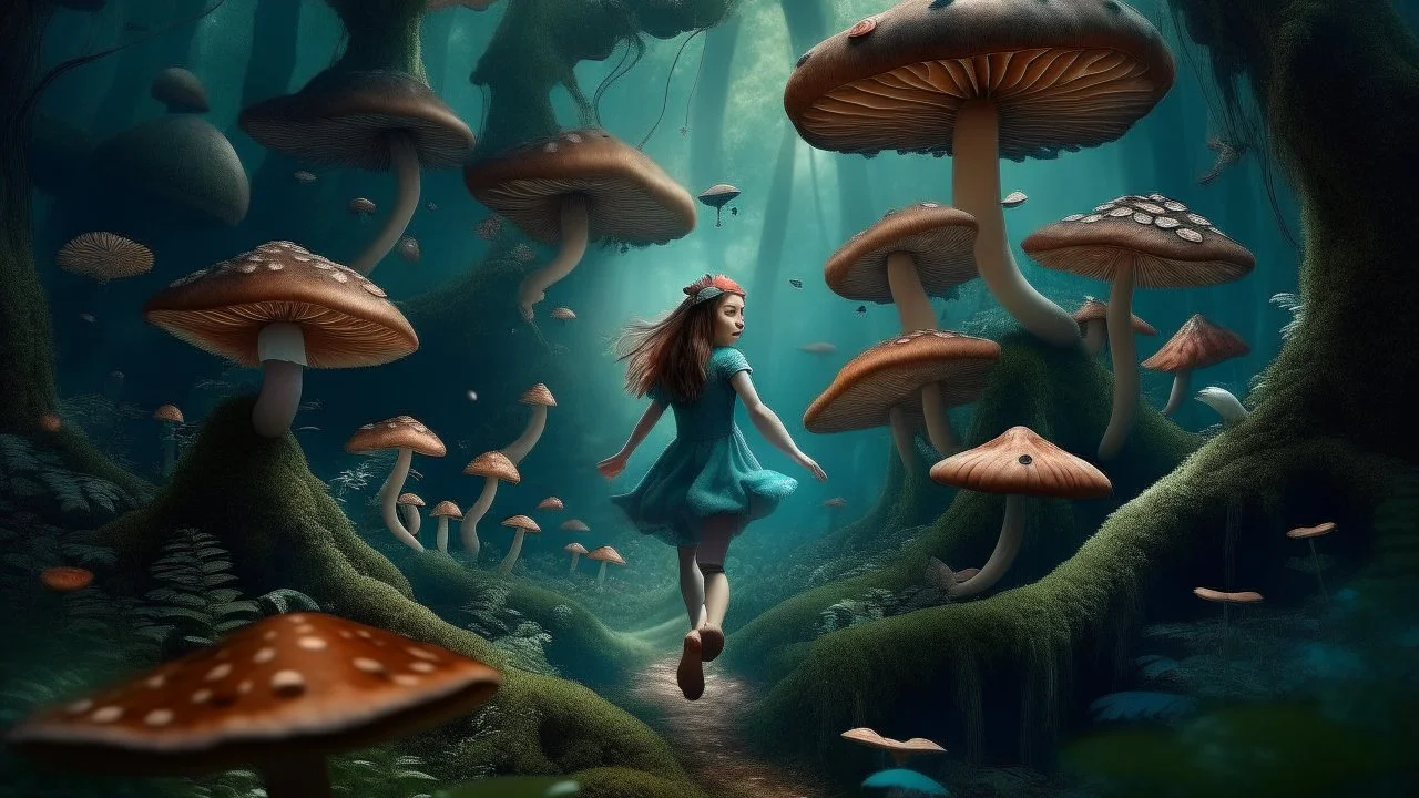 A fairy flying through a magical forest, surrounded by giant mushrooms, mystical creatures and strange tones