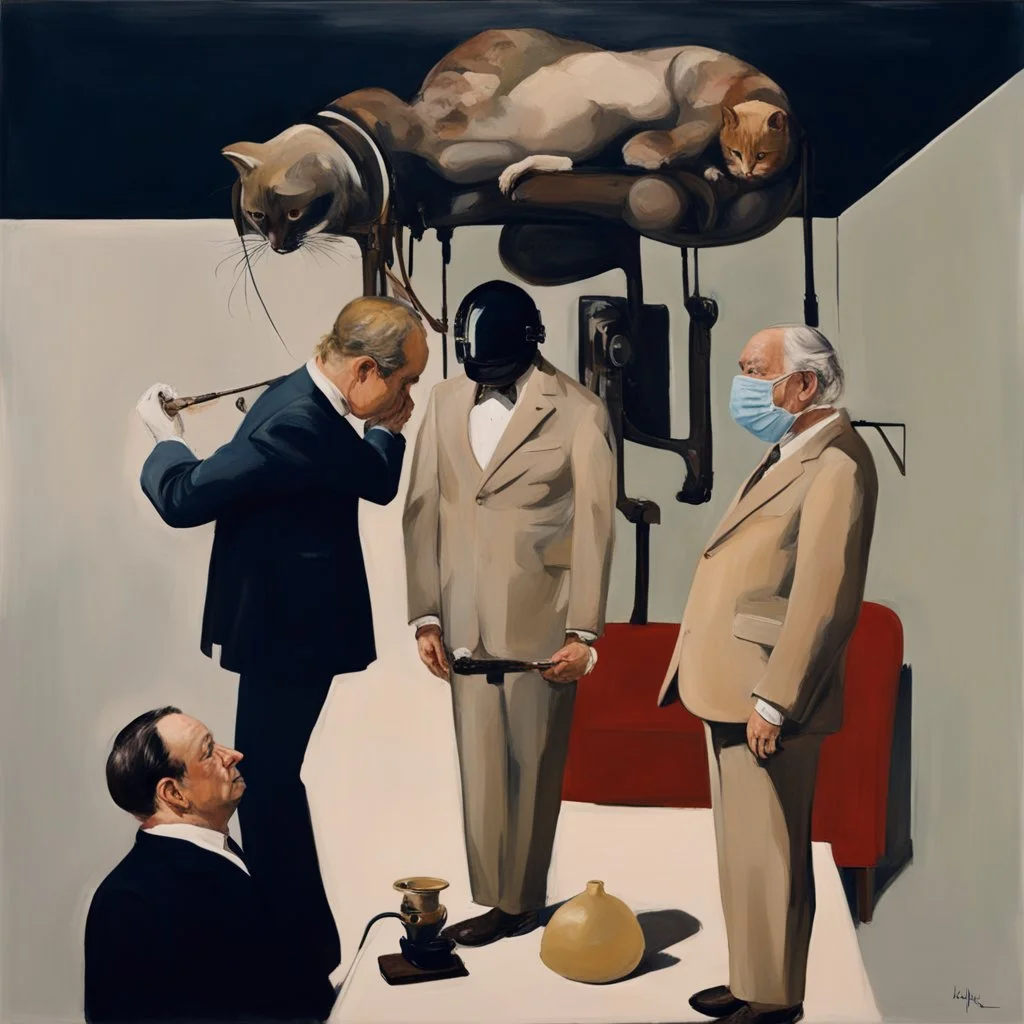 UN conference,a cat and human flesh-like surgical instruments and universe-like a pigeon and neuralink, surrealism,minimalism,Painting By Adrian Ghenie, Rene Magritte, Salvador Dali, Lucian Freud