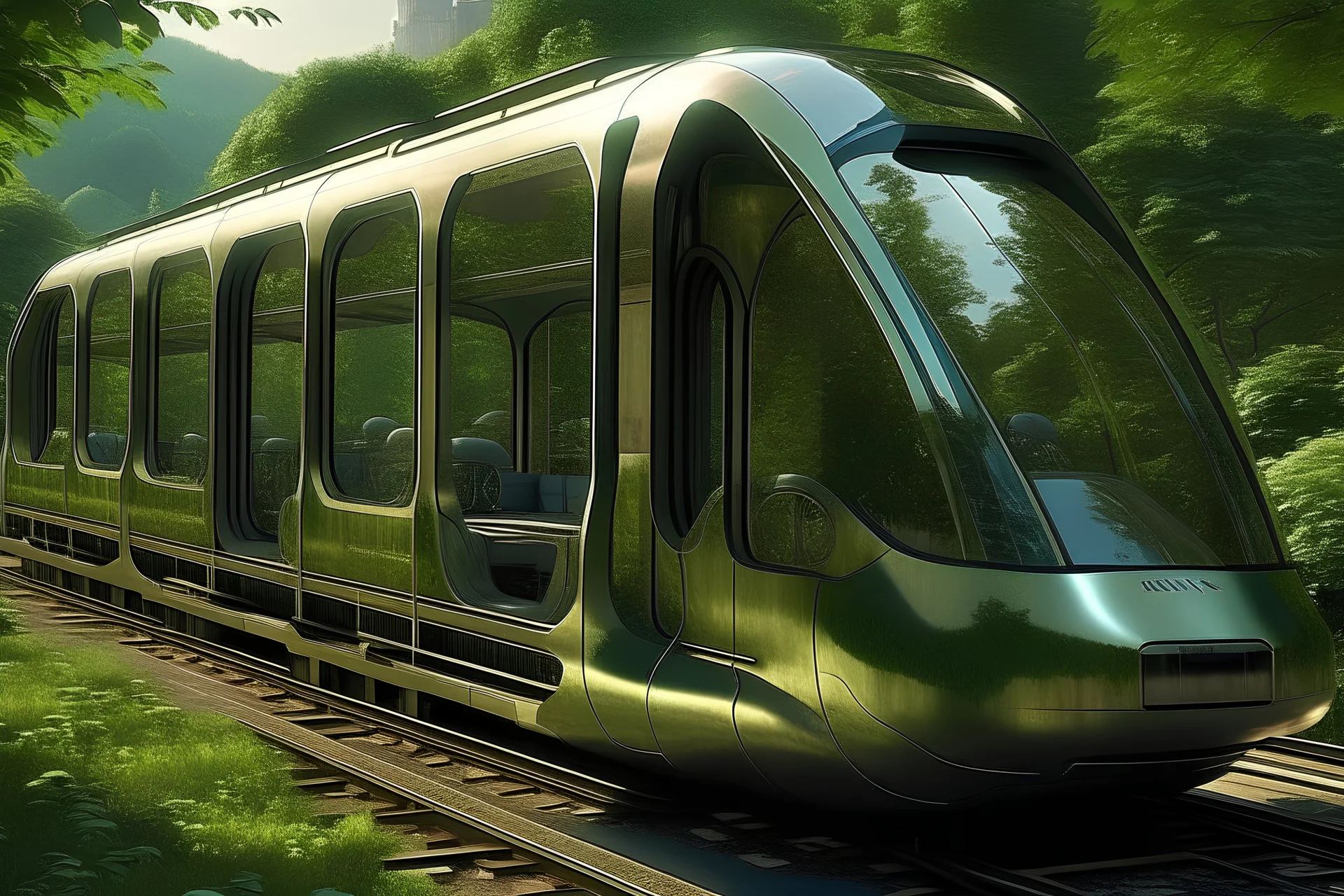 8 seats elettric futiristic shuttle slowly drive on a train trak, in a wooded environment of a future city, solarpunk, realistic, high image detail, high image, quality less schuttle