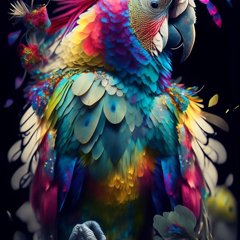 Parrot portrait, Beautiful and pretty By Mandy Disher, full body, all angles, fantastical otherworldly, white flowers, vibrant colors, red, blue, yellow, purple, green, intricate infinite fractal micro synapses diamond feathers, intricate details, Ismail Inceoglu, bokeh,