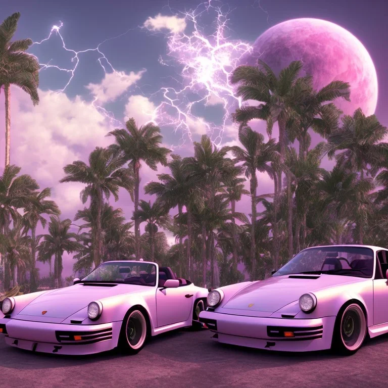 1980's aesthetic vaporwave palm trees and spheres and Porsche with lightning