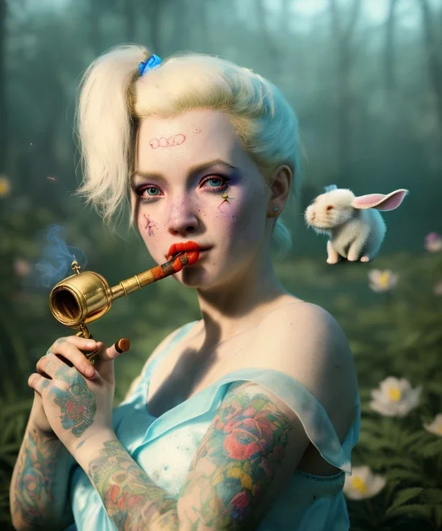 Ultra realistic wonderland photo, happy blonde woman smoking a pipe, blue dress, white rabbit pet, circus dress style, old school tattoo, smoke, marijuana garden, glow eyes, perfect iris, soft color, highly detailed, unreal engine 5, ray tracing, RTX, lumen lighting, ultra detail, volumetric lighting, high definition.