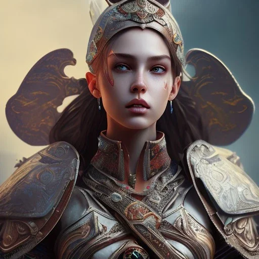 portrait of a warrior with godddes beautiful girl themed armour, extremely detailed, dslr, macro lens, perfect position,hyperphotorealistic, unreal engine 5, octane render