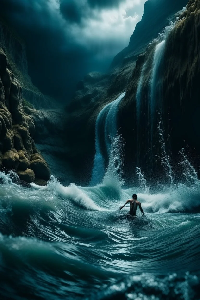 A cave with covered with waterfalls