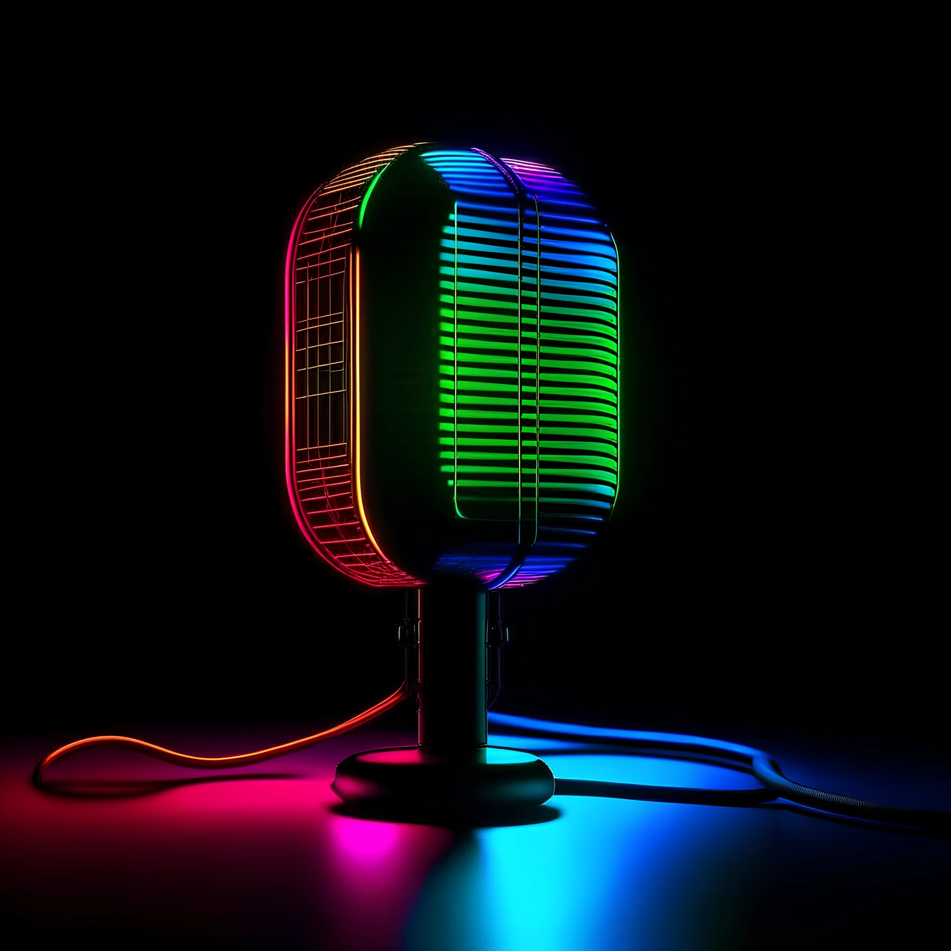 neon microphone on a black mirror table