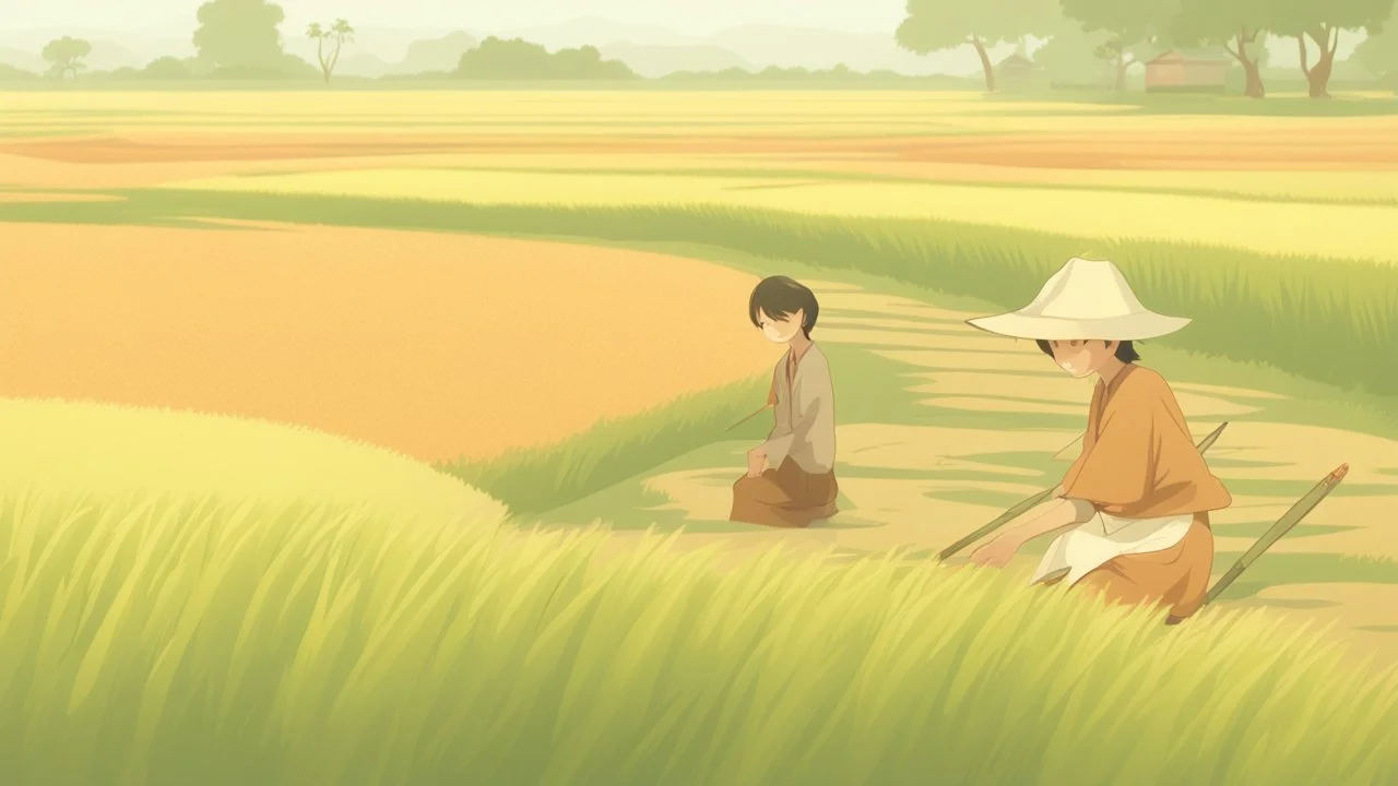 Rice field，Trees，Warm color palette，Animation，A lovely grasshopper，People who work