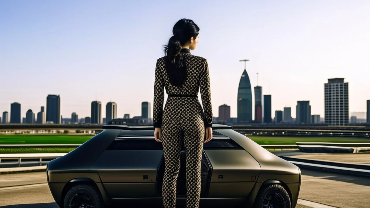 tall thin woman, with black straight hair, dressed in a camouflaged jumpsuit, looking out from the rear of a futuristic aircar, on a tarmac runway, with a city skyline in the distance