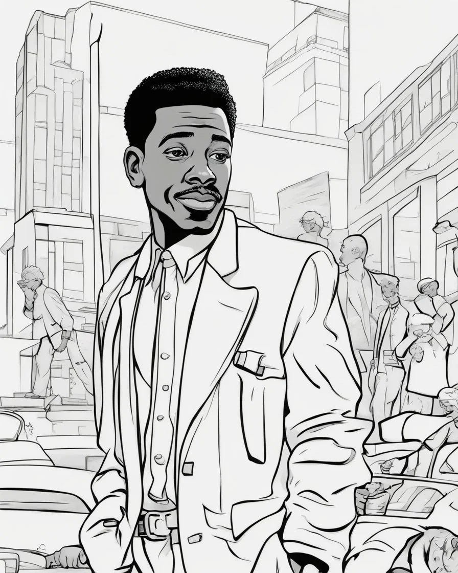 coloring page for teens, simple outlines art, cartoon style, outline drawing, bold outlines, clean and clear outlines, no tones color, no color, no detailed art, art full view, wide angle, white background, GORDON PARKS, African-American photographer and director.