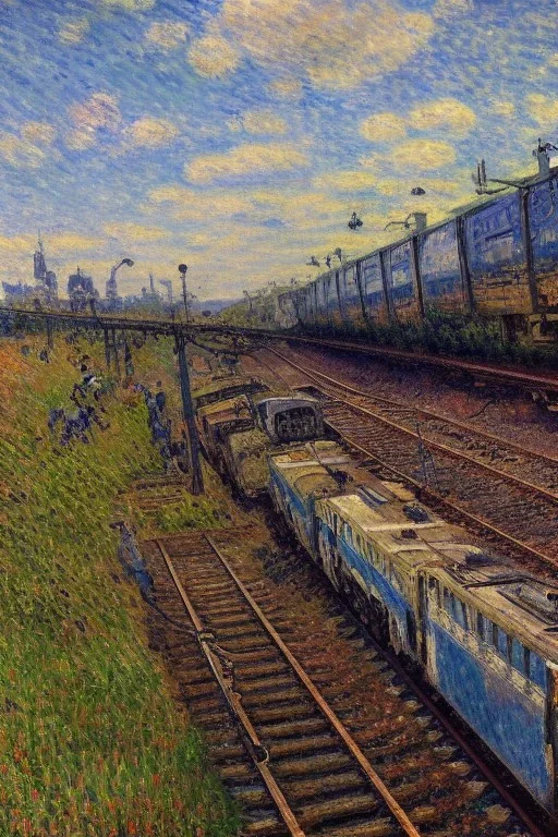 Insanely detailed cyberpunk, technopunk, steampunk train on a train track, high contrast, background Impressionist landscape, Impressionist painting, Alfred Sisley, Pierre-August Renoir, Claude Monet, Robert Hagan, textured paint, luminism, hyperrealism, fine art CorporateMemphis