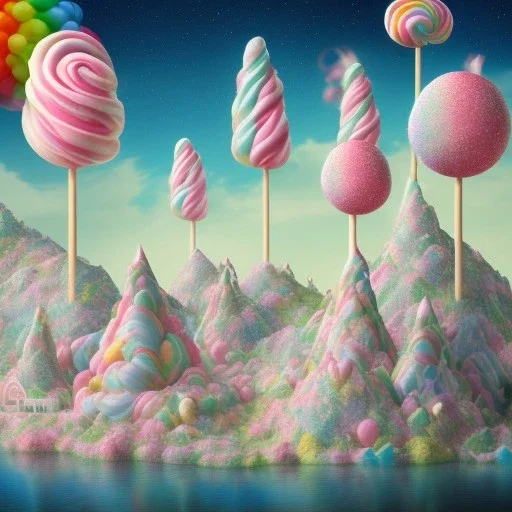 A landscape shot In the background A mountain made of cakes . above the mountain are pink and blue cumulus clouds made of cotton candy. a forest of lollipops and candy canes surround the lake. in the center a large ice cream float that is a lake. Groups Gingerbread people are sunbathing under a sunflower sun. Some gingerbread people are drinking from the lake