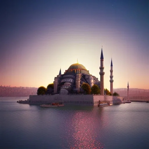 Sultanahmet Istanbul standing back to back under sky, landscape lake, sunset, illustration concept art anime