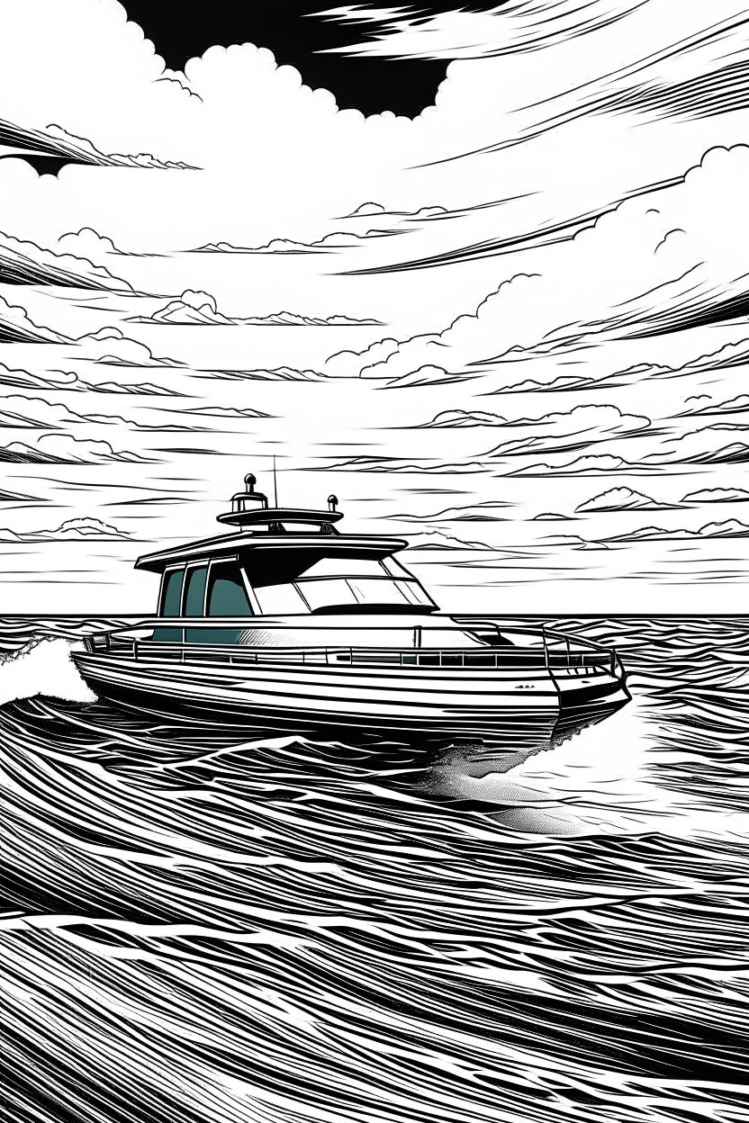Outline art, no shading, speed boat on the sea, cartoon style, black and white, low detail, --ar 9:11