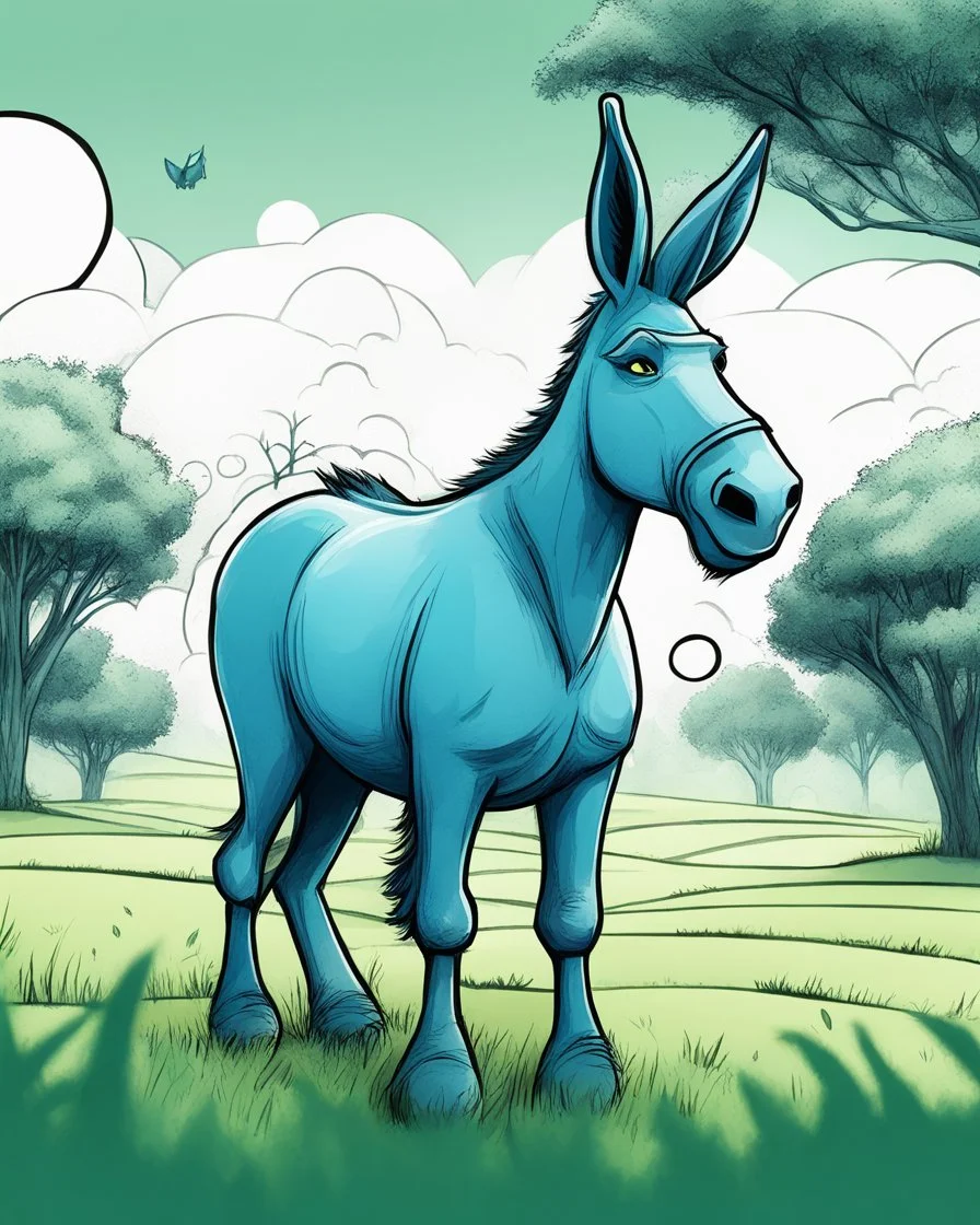 3D Sketch style, ink, modern aesthetic, elegant and abstract image of a blue, anthropomorphic donkey, with big ears, with a speech bubble that says "Don't be an ass!". The donkey is standing in a lush green field with some trees.