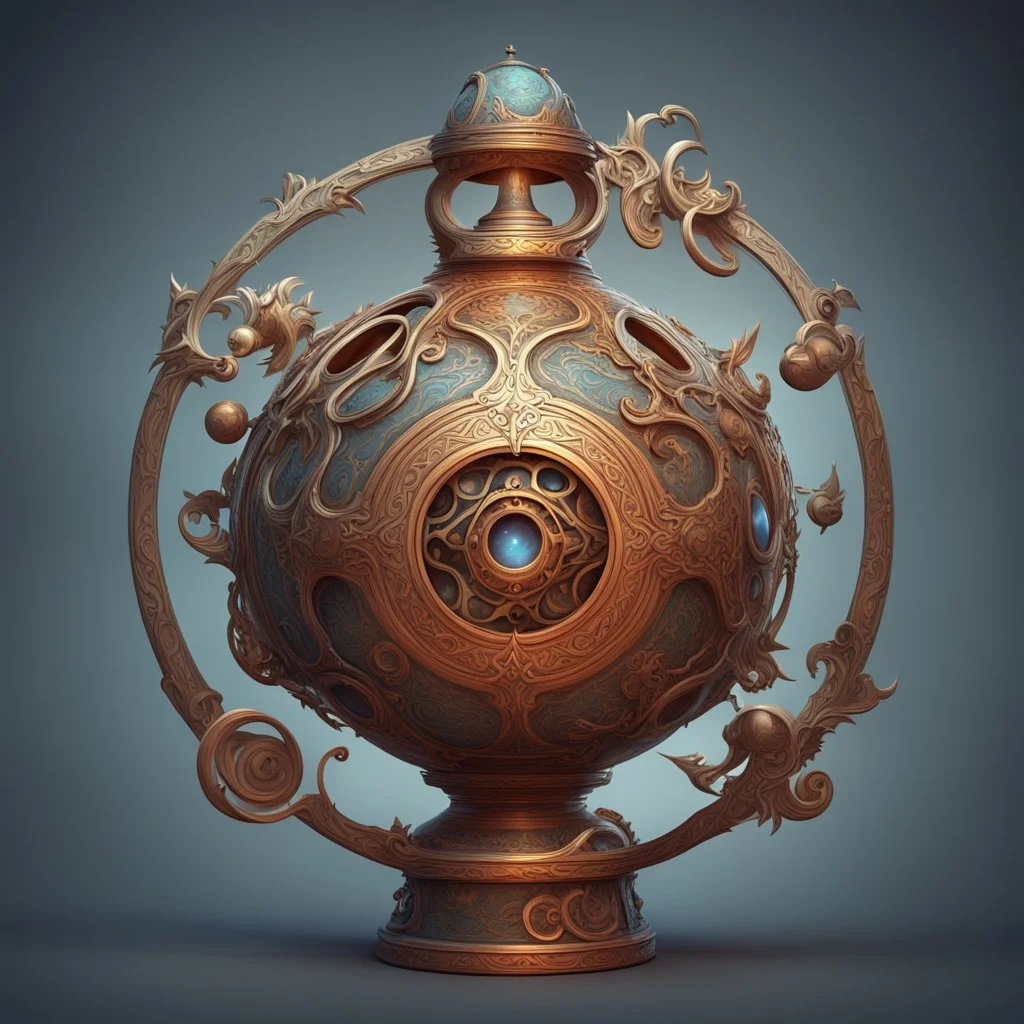 Bordered digital illustration of a Celestial Alembic rendered 3d object. in the style of kaja foglio, Symbolism and Hermeticism. High quality, masterpiece. Dungeons And Dragons