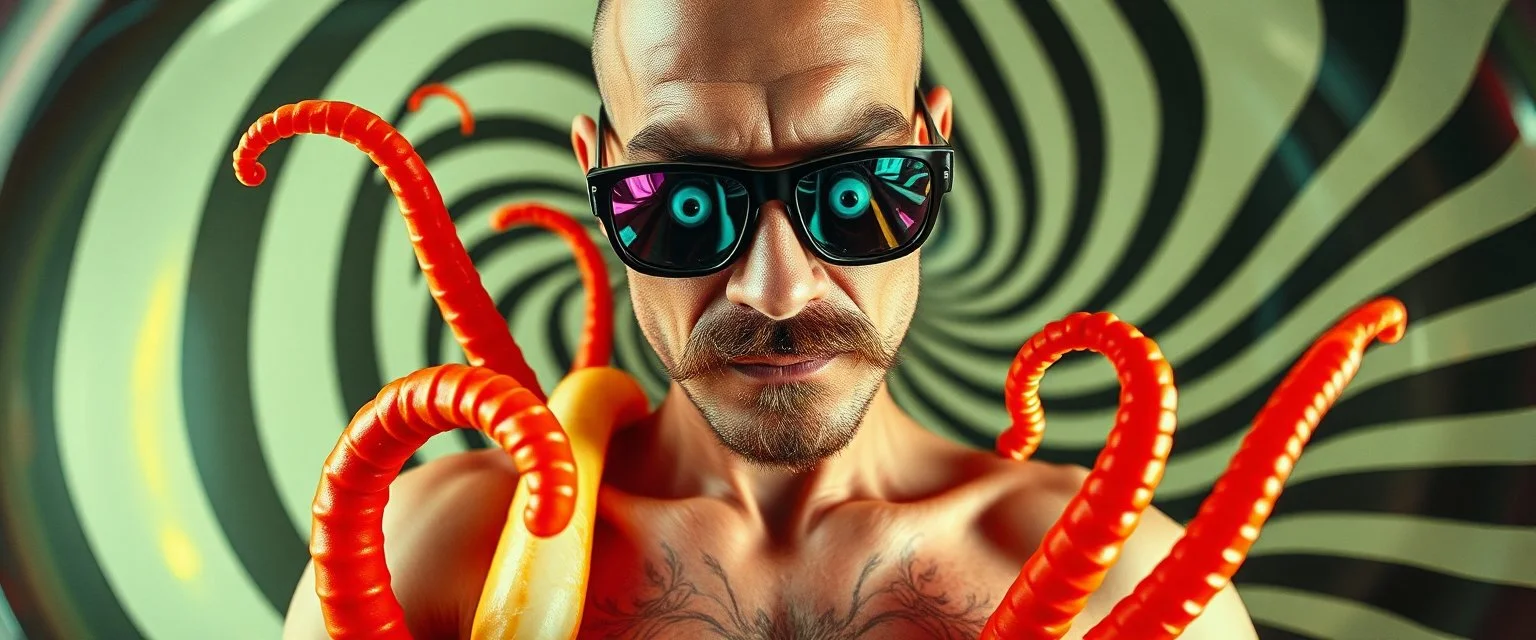 flesh hot dog tentacles, gecko weirdo man, through pin hole pic camera, hot dog commercial caravan magic, blissfull genious, ultra chromatic, cyber jobe, flying yoga magic , lawn mover man movie character, portrait of upper body of cool transparent guy made with nano tape and with shades and mustache and bald head, saw blade beholder eye tyrant flating beholder kin with eyes on each saw blade tooth saying something profound, hypnotic zebra twirl background, with chrome reflections