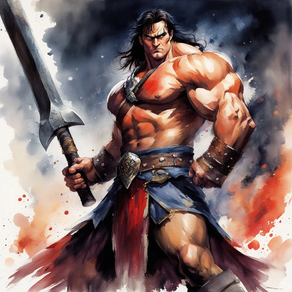 Aquarelle: Conan, mighty and fierce, grips his gigantic hammer, His hands firmly locked, ready to unleash its power. Strength and determination emanate from his stance, A force to be reckoned with, ready for the battle's dance.battles, and with his warhammer held ready, he is prepared to unleash his wrath upon any who dare to challenge him.