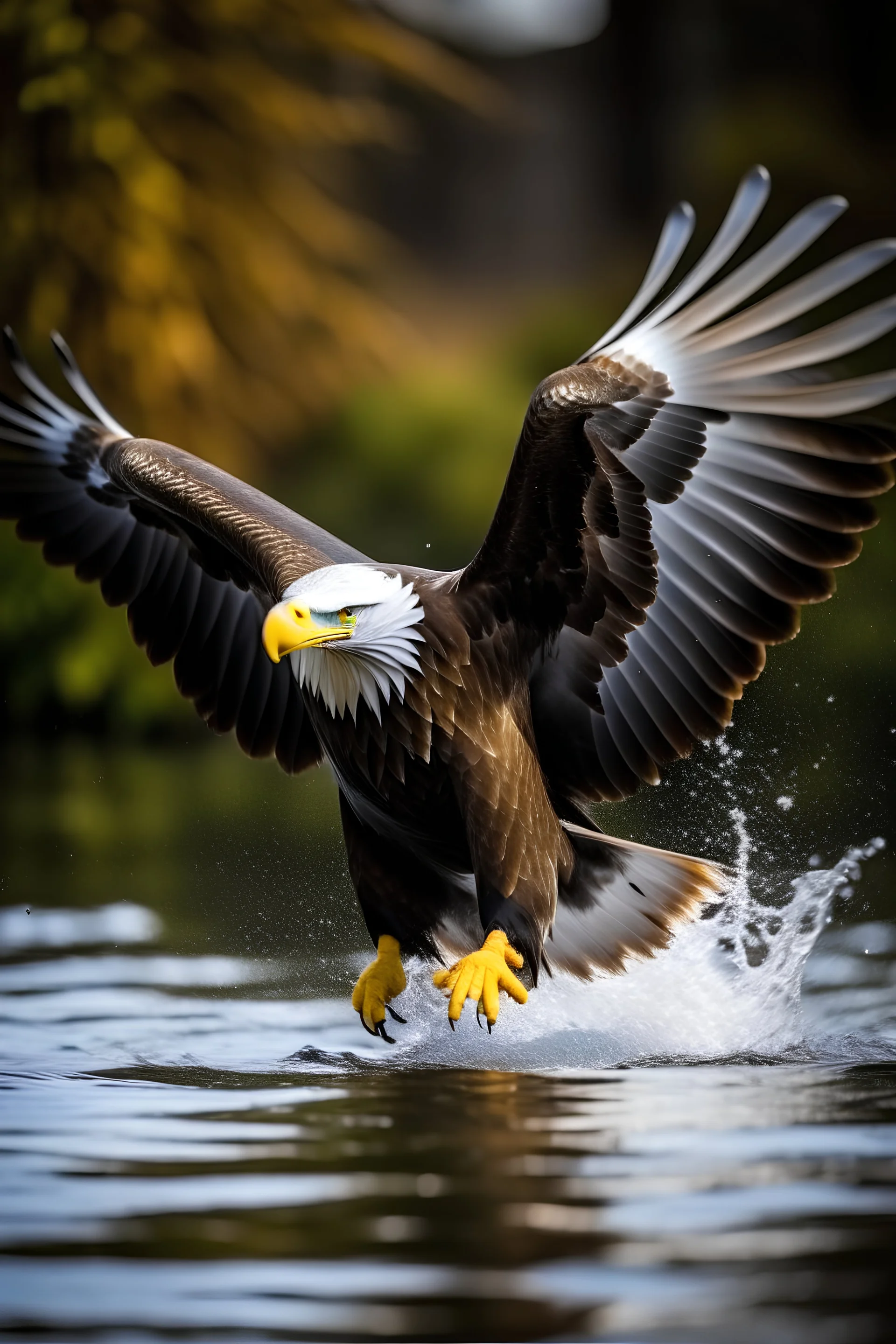 Eagle swooping down in the water to catch a fish on oil in the daytime