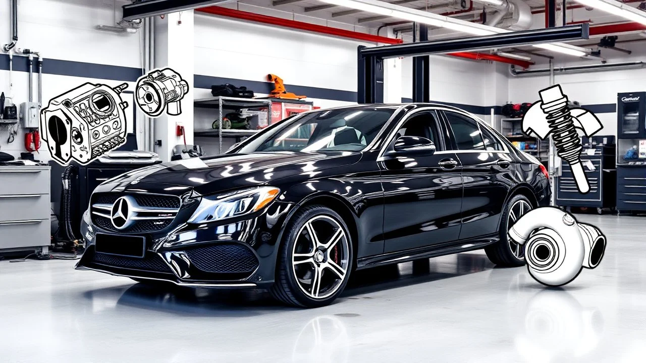 A luxury garage, a car repair shop, with a black Benz C-Class parked in the middle, and a number of car symbols such as the engine, crankshaft, shock absorbers, and turbocharger around it, and the car is being overhauled.