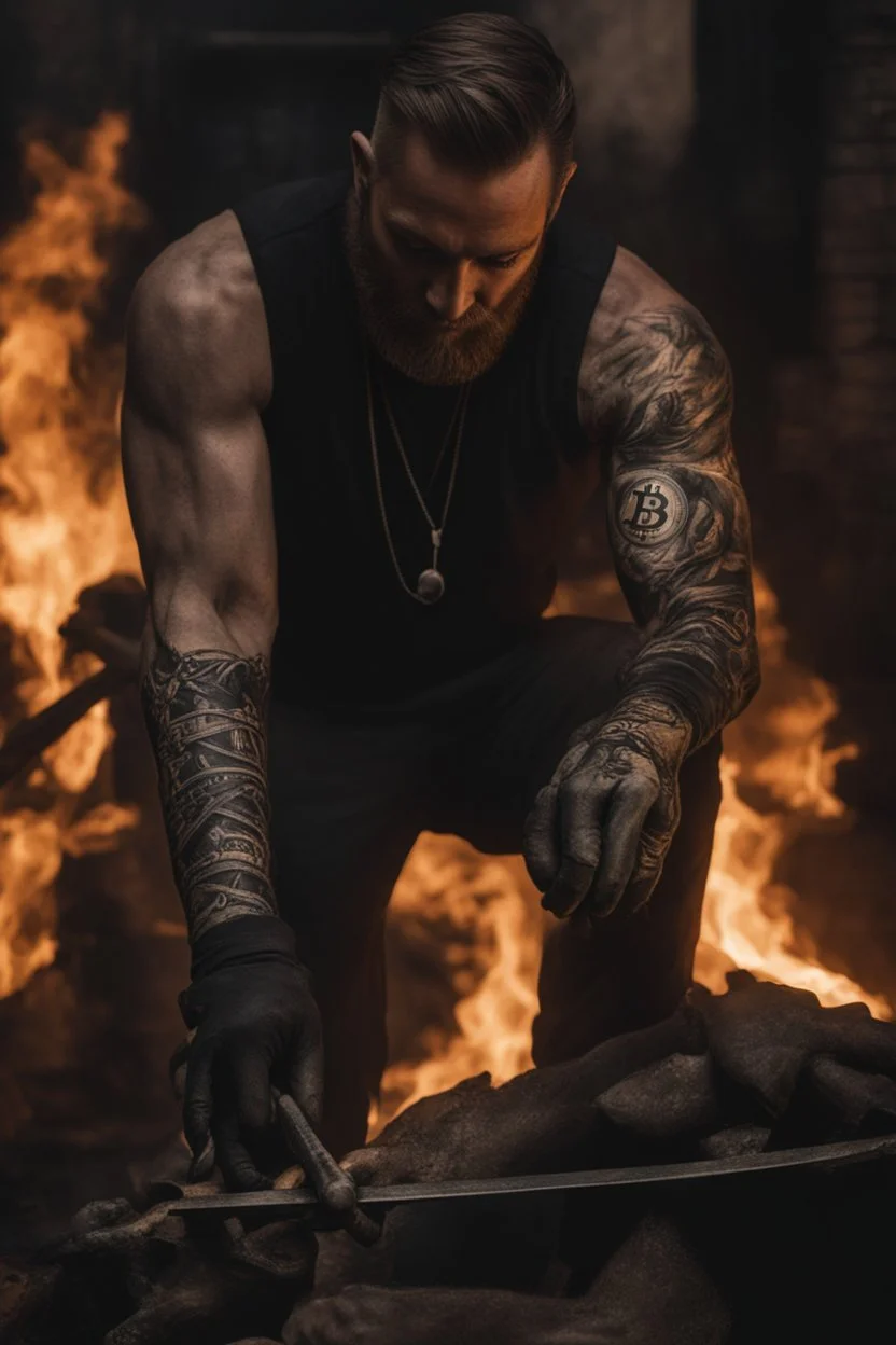 Close view of a Bitcoin logo burned onto the skin of a man's forearm, the mark is still steaming hot, the blacksmith still holding the burning iron, 8k, high quality, realistic, goth theme