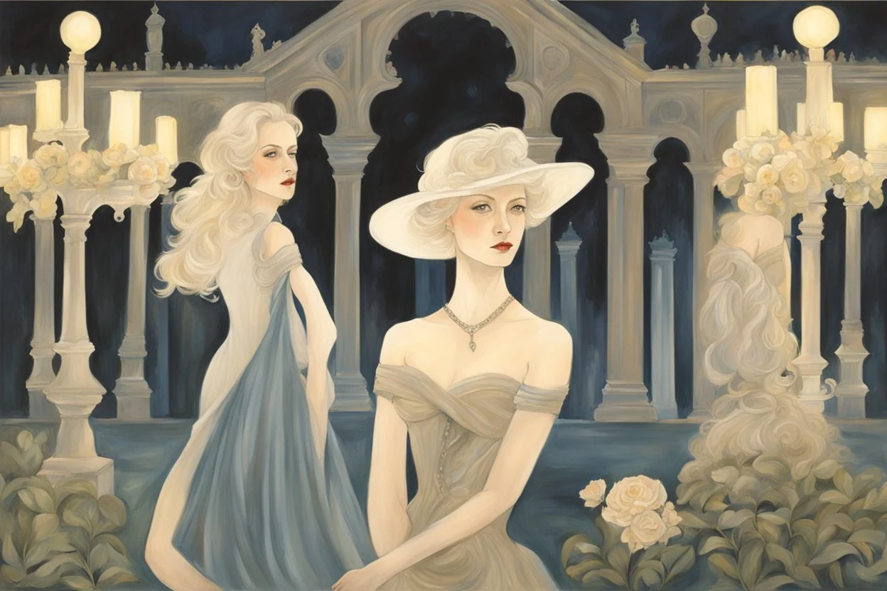 two elegant women at night in the garden of the palace of good and evil, by artist "Ingrid Umber", by artist "Sienna Lamberts"