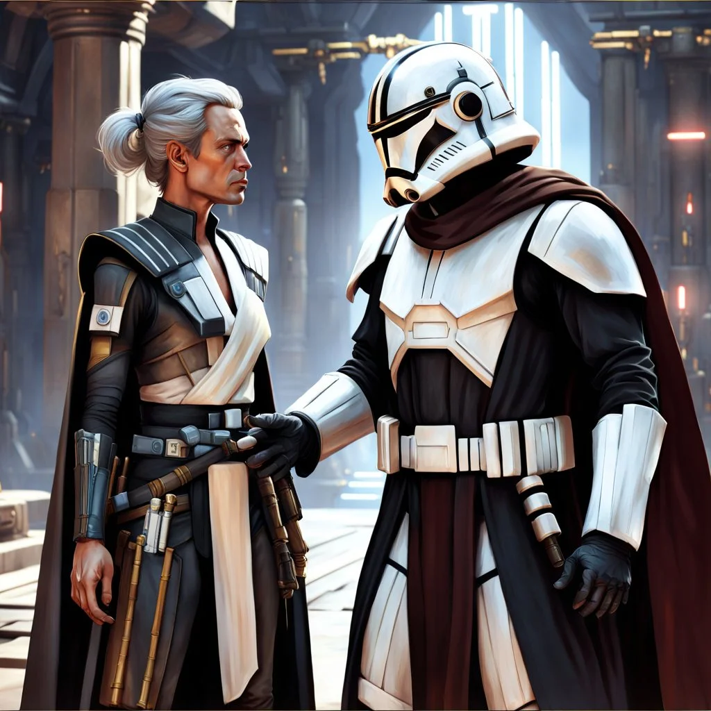 star wars bald male corellian jedi pilot wearing black and gunmetal grey old republic armored robes with gold trim, alone, battle-ready Jedi Master defending a ruined ancient city surrounded by golden light, centered head and shoulders portrait, hyperdetailed, dynamic lighting, hyperdetailed background, 8k resolution, volumetric lighting, light skin, fully symmetric details