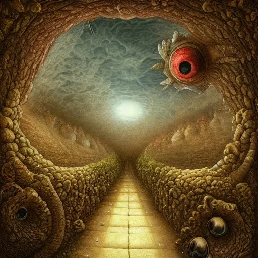 a long road inside the pupil of a human eye, gregory grie, naoto hattori, mihai criste, sara arasteh, 8k resolution, high-quality, fine-detail, intricate, digital art, detailed matte, volumetric lighting, dynamic lighting, surreal,