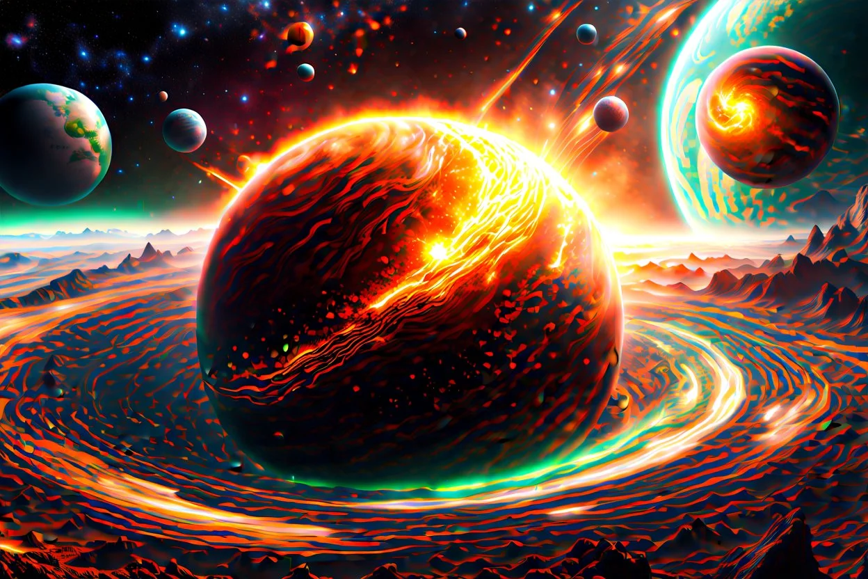 create a wildly imaginative otherworldly, chaotic birth of a planet , highly detailed, digital composite, 8k,