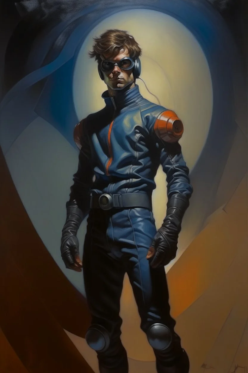 1970's dark fantasy cover dnd style oil painting of a cyborg detective with sport outfits with minimalist far perspective. Magazine.