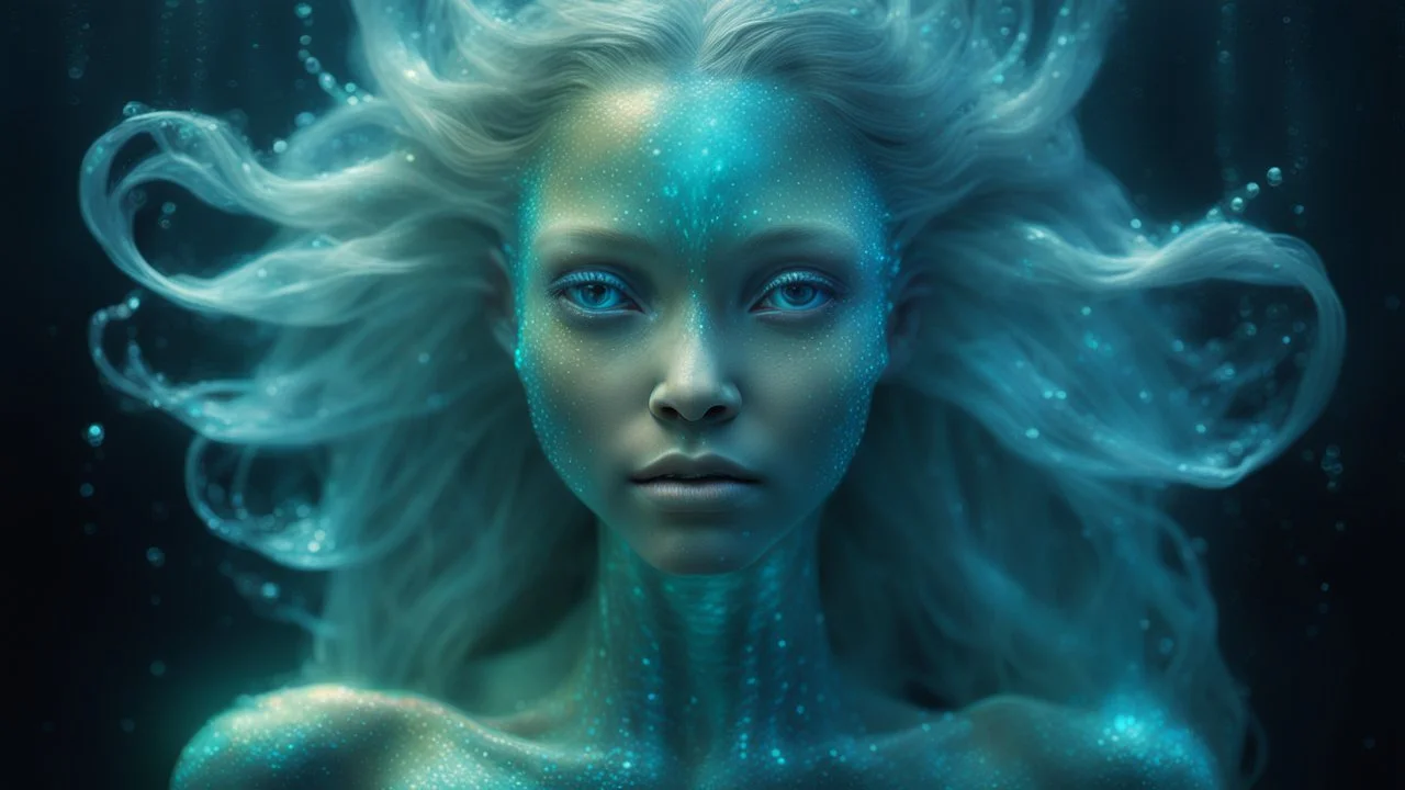 A Photograph with bioluminescent and bioluminous artistic style portrays a divine mermaid alien humanoid. A curvy model front facing with bioluminescent wet translucent irredescent skin etheral glowing eyes, large head fins and ear fins flowing showcases an alluring, perfect face in ultra-realistic detail. The composition imitates a cinematic movie, with dazzling, golden, and silver light effects. The intricate details, sharp focus, and crystal-clear skin create a highly detailed,