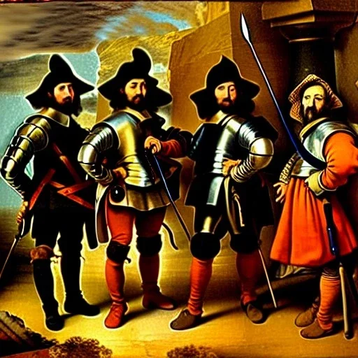 oil portrait of The Three Musketeers and d'artagnan with armor by Rembrandt 8k