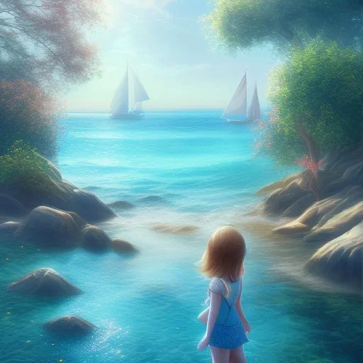 Little girl day, sunny, relaxing, sea, trees, real details anime style, realistic, glowing beach