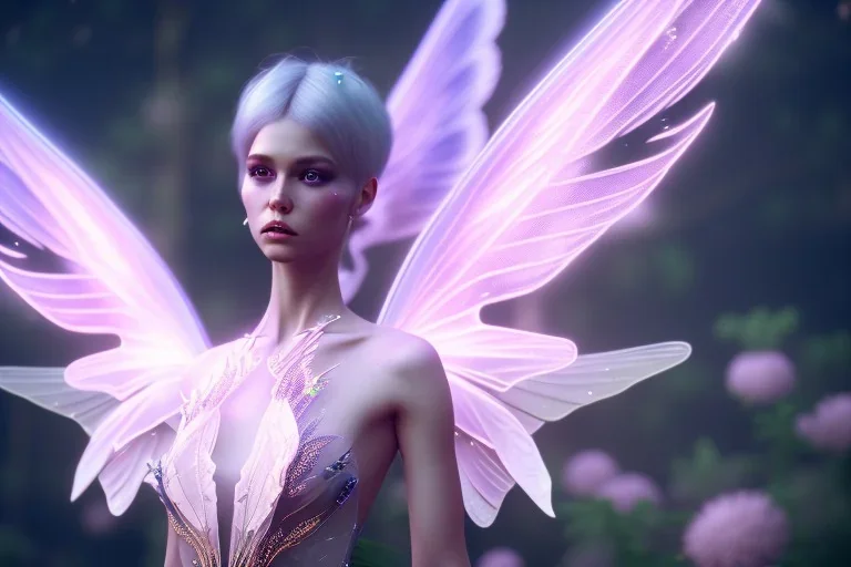 beautiful fairy very etheric , delicate colors, transparent wings, beautiful glamour dress, ultra sharp focus, 8k, unreal engine 5