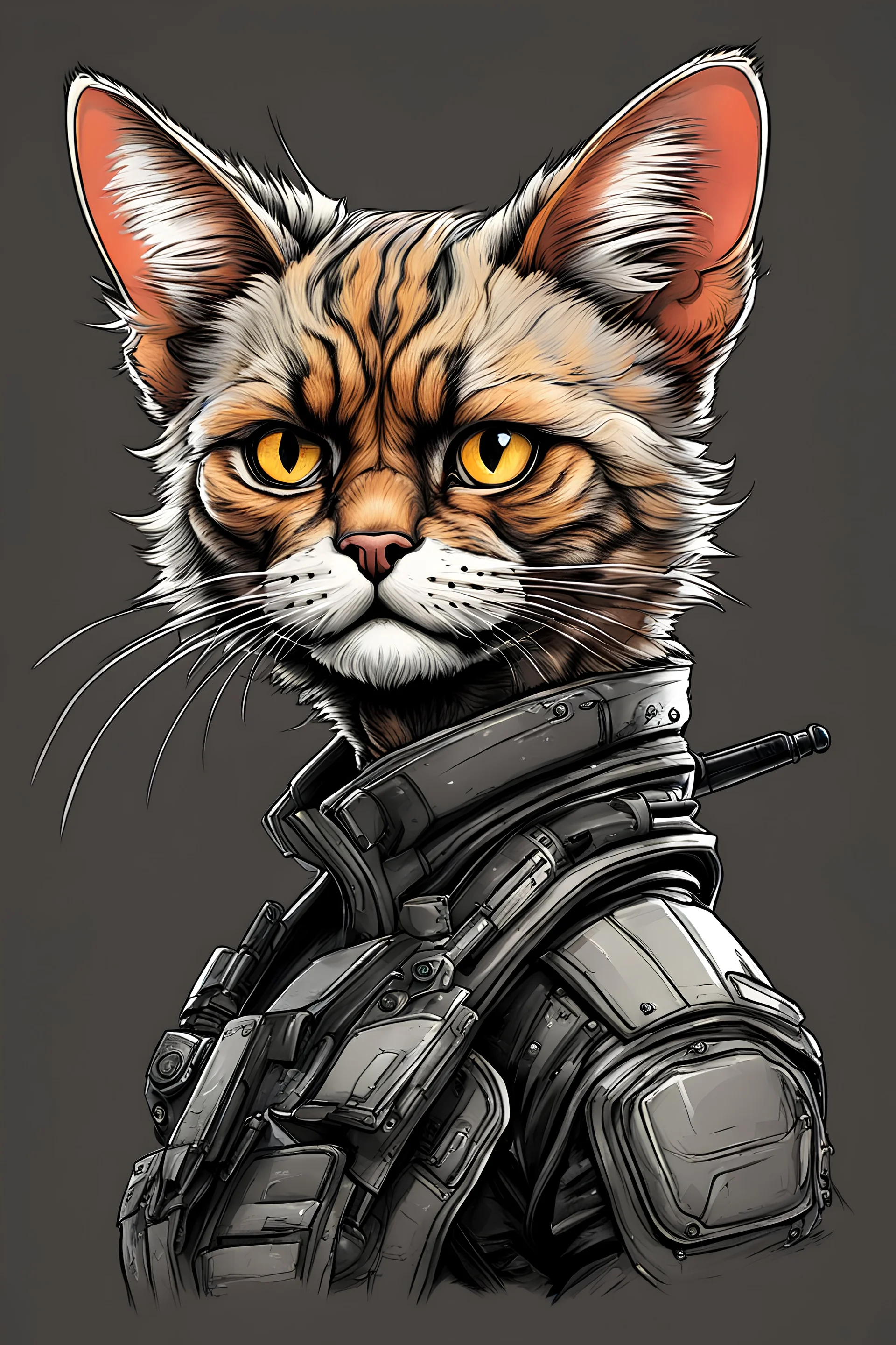 create a wild caricature of a grizzled streetwise cyberpunk female mercenary Rex cat highly detailed with refined feline features in the cartoon caricature style of Gerald Scarfe , precisely drawn, boldly inked, vividly colored, 4k