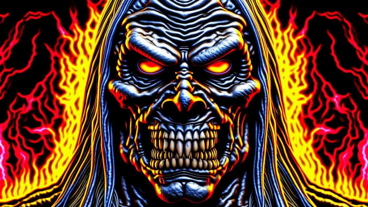 4K, ultra detail, full realism portrait of Eddie Iron Maiden logo full face flames in the background