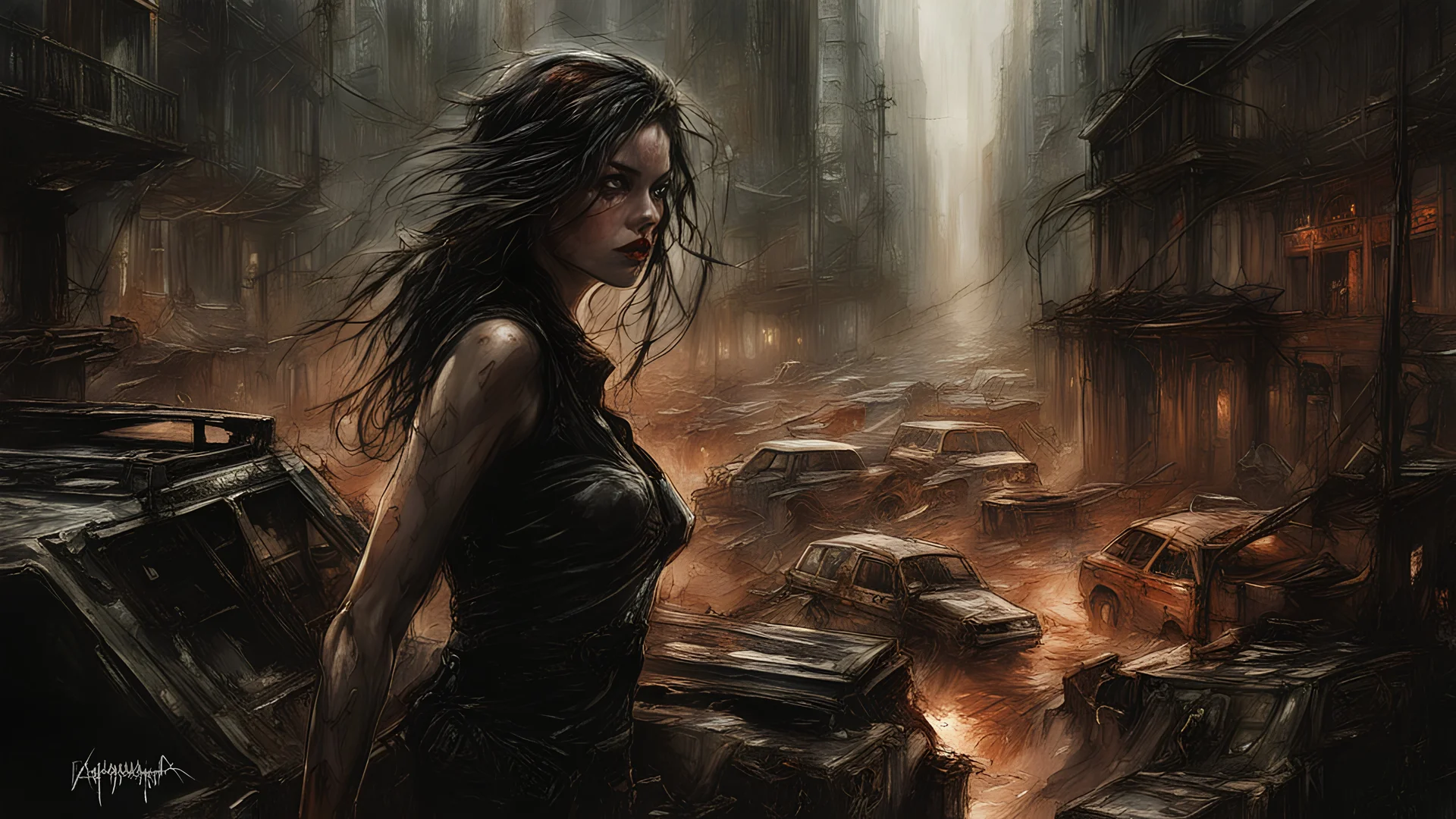 the city of fear, post-apocalypse, horror, hopelessness, darkness, dark colors, by Luis Royo & Raymond Swanland & Alyssa Monks & Anna Razumovskaya