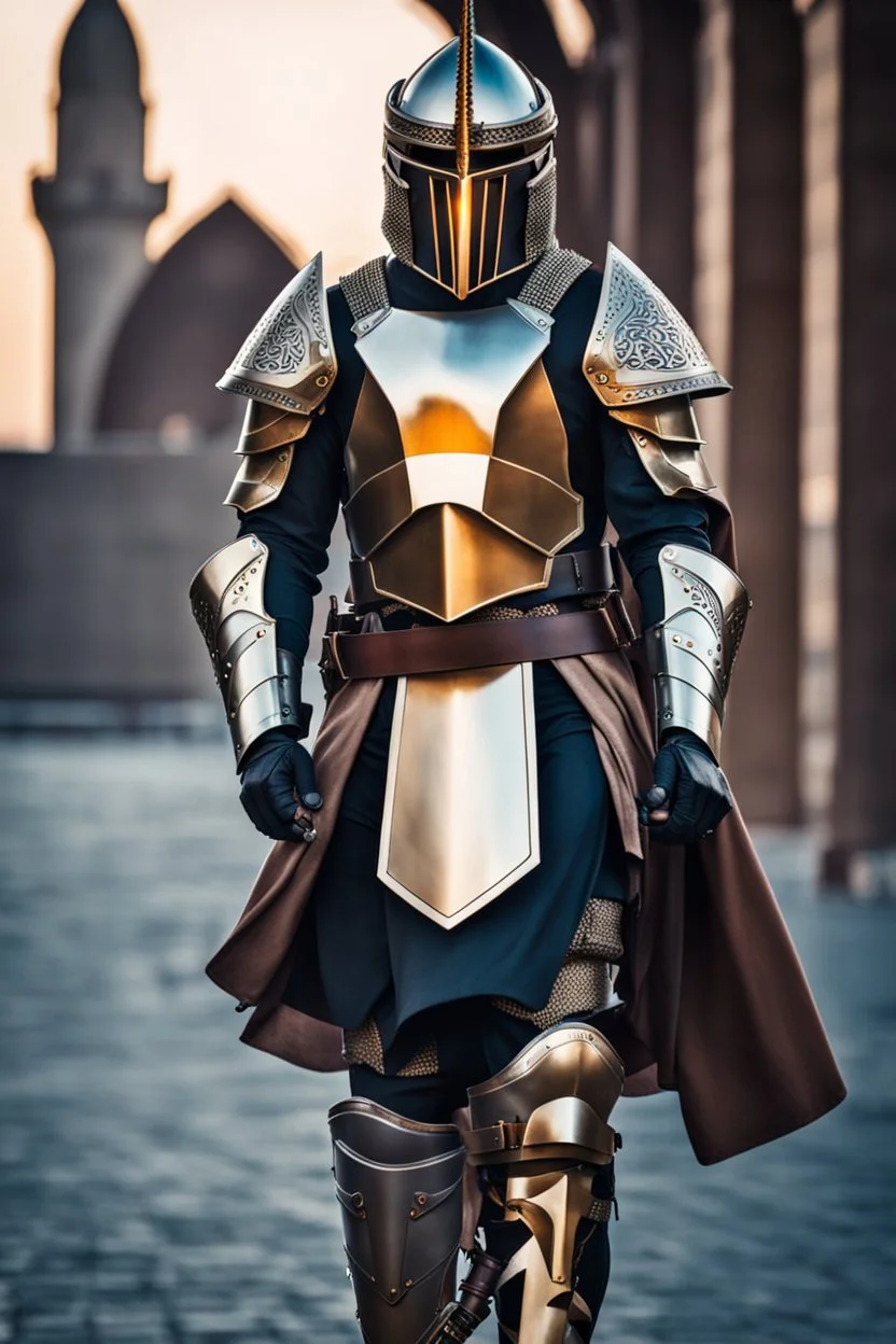 Arab cyborg warrior Full Body Full Armored helmet,Wearing Face Mask Iron Masculine Mysterious Powerful Fantasy High Quality clothes,drivin on horse,islamic city background