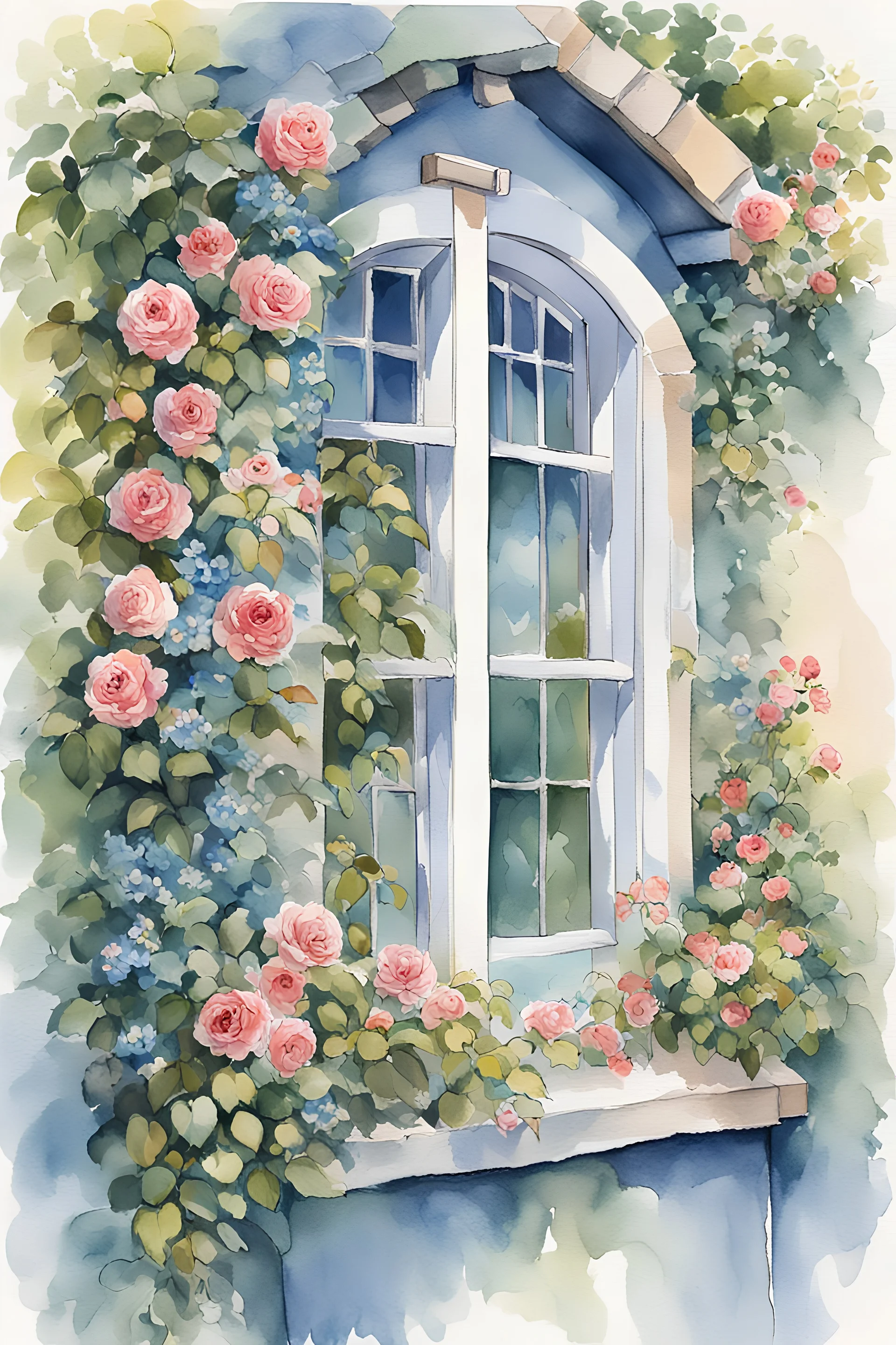 a view of an open window from outside a cottage, with blue wood shutters half open, a lace curtain ans a tea cup can be seen inside, the window has a window box under it with spring flowers draped over the side. A blooming vine of climbing roses arches across one side of the window.Illustration style watercolor