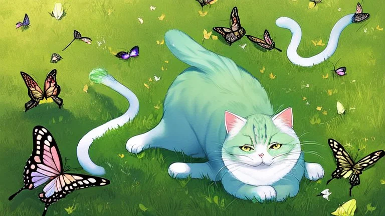 Funny cat in the grass with butterfly on his nose