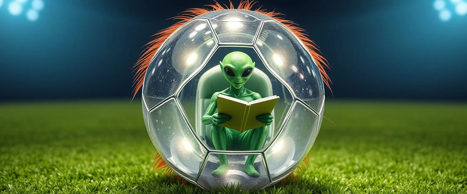 highly regular and hairy transparent soccer ball space ship with green alien director men inside, front flaps, ailrons, smiling welcoming, reading scrolls