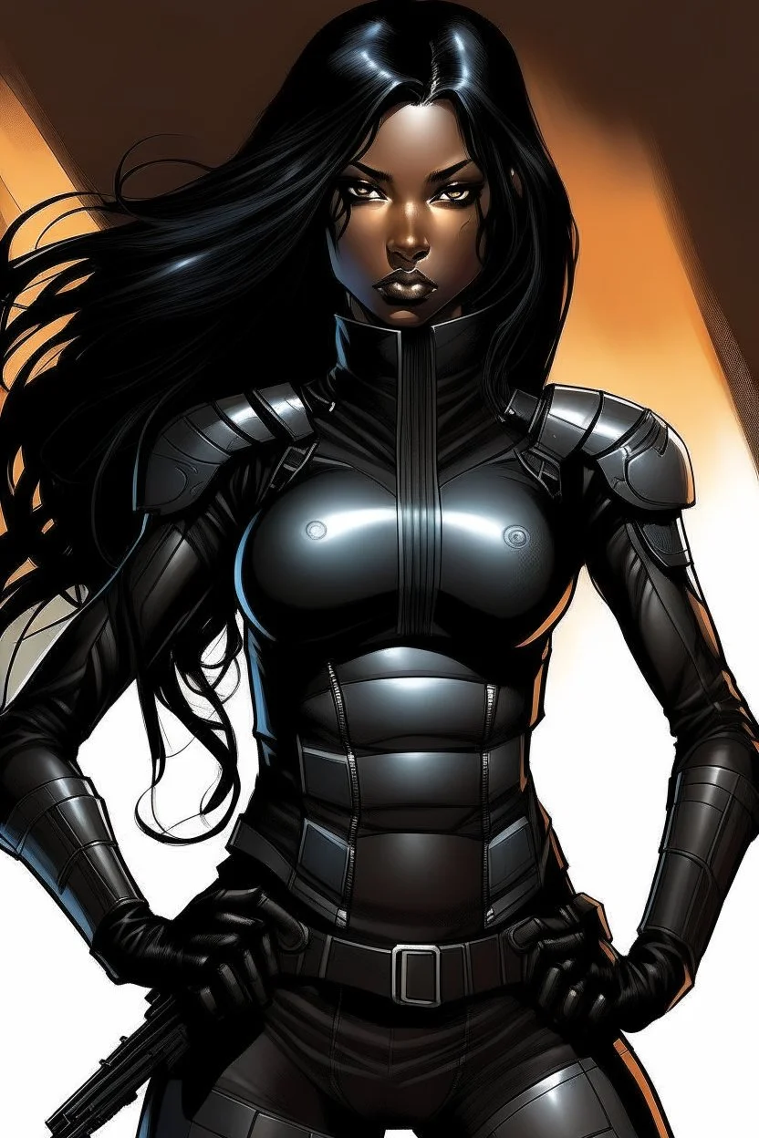 A dark-skinned space warrior woman with long black hair, wearing a black leather catsuit and carrying a plasma rifle